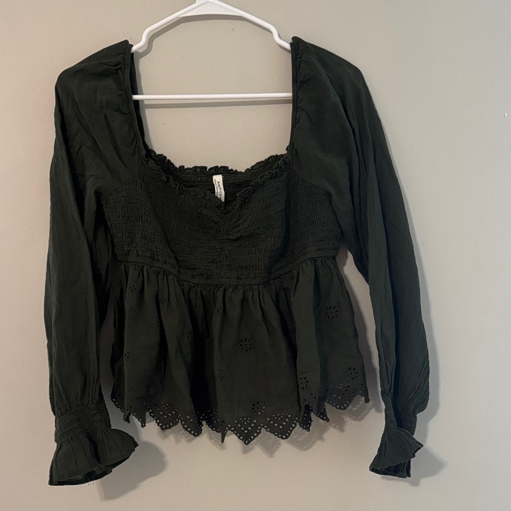 American Eagle Outfitters Dark Green Smocked Blouse